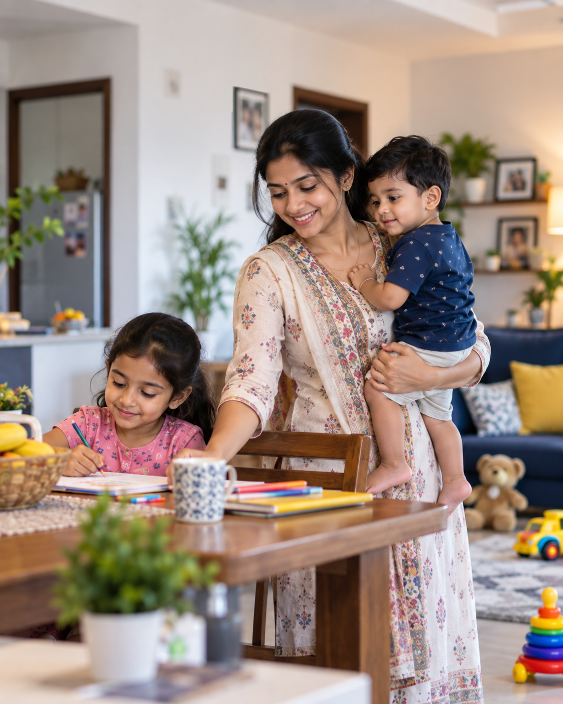 Indian mother managing everyday family life with her children